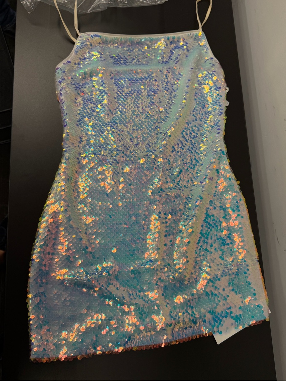 L'AGENCE Iridescent Sequin Spaghetti-Strap Dress in Blue and Pastel